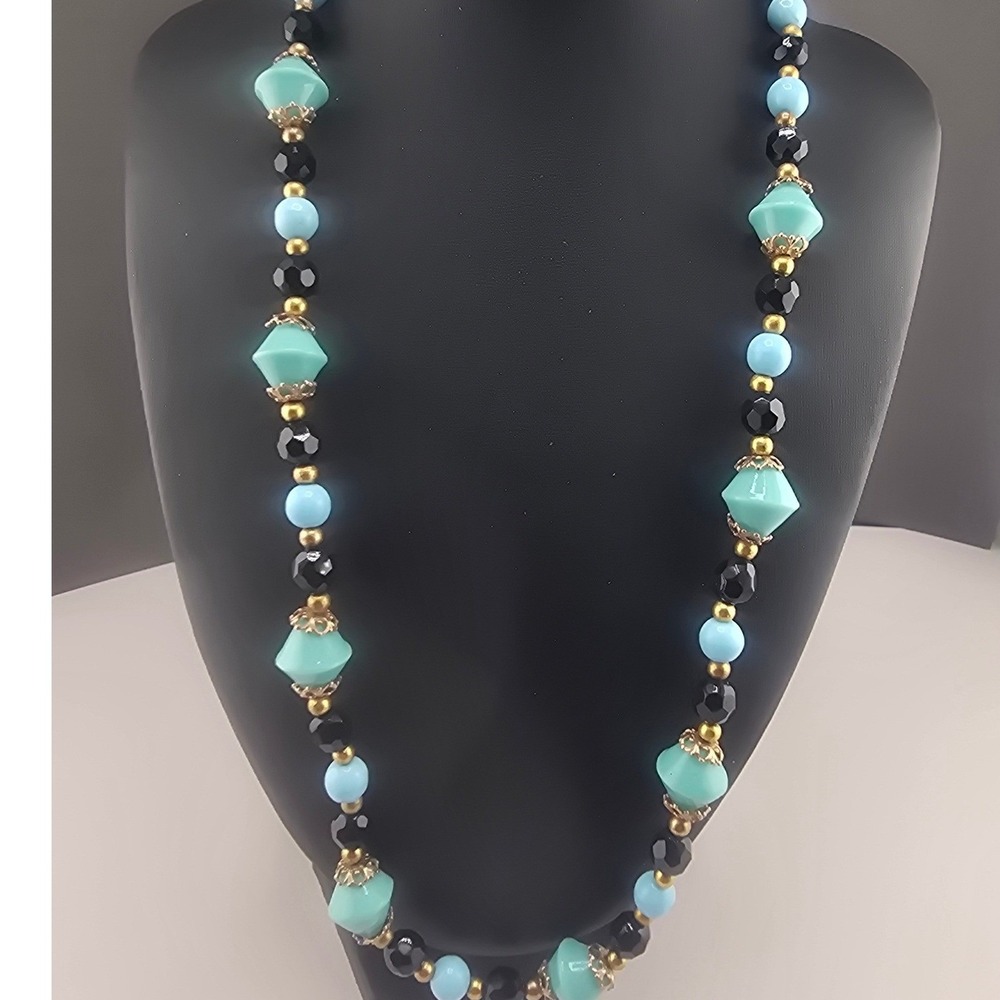 Vintage Estate Necklace Blue Black Stone Gold Tone Beaded Geometric 24in